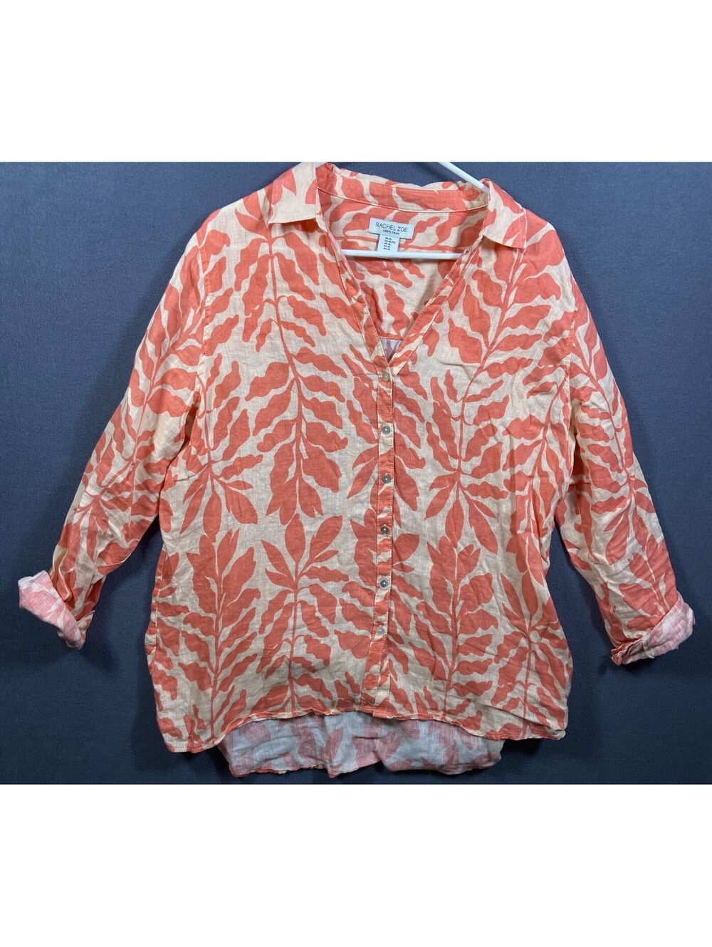 Women Coral Peach 100% Linen Blouse Button Up Top Shirt XLarge Rachel Zoe Beachy